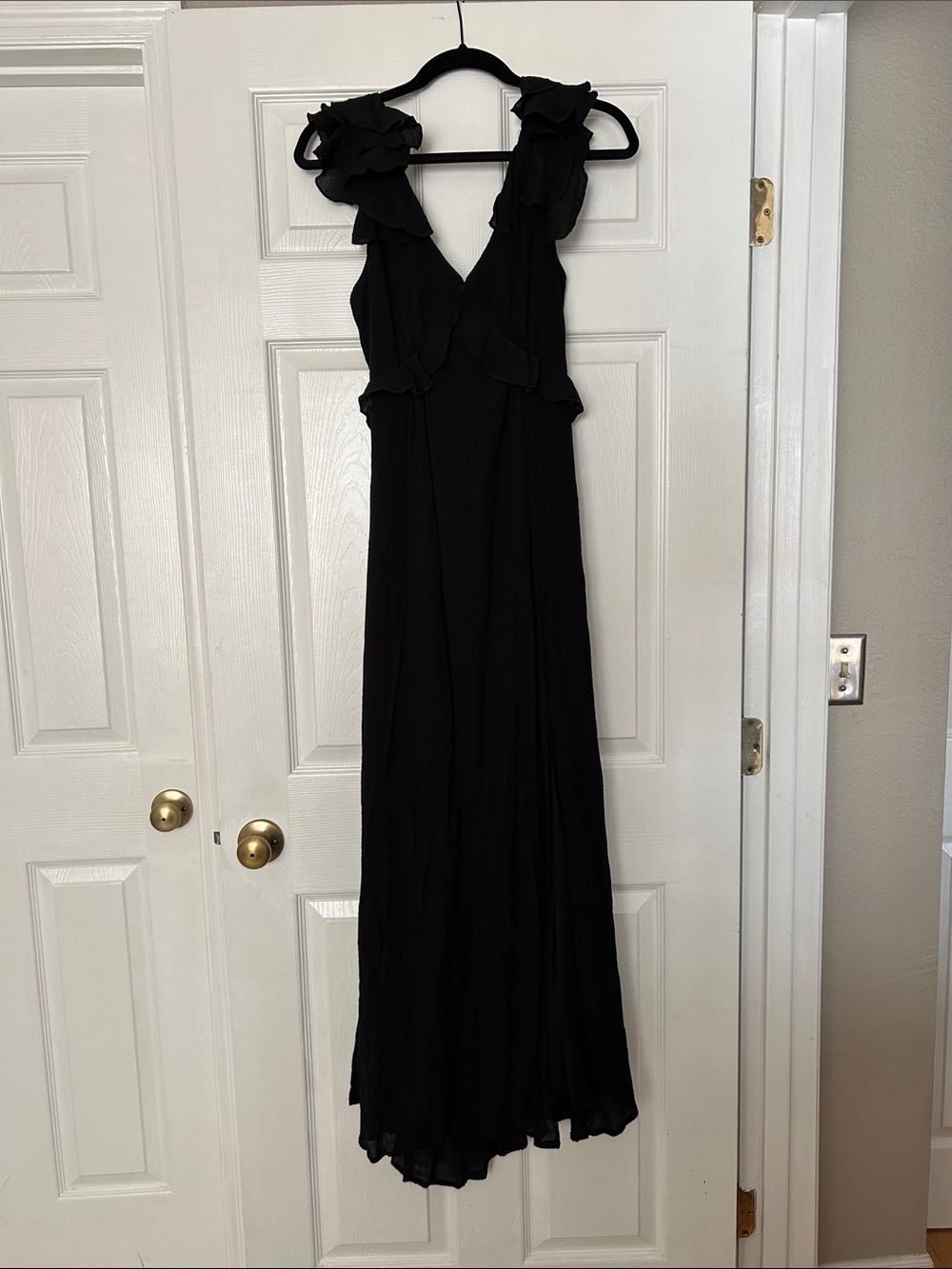 Blue Rain Black Ruffle-Shoulder Maxi Dress